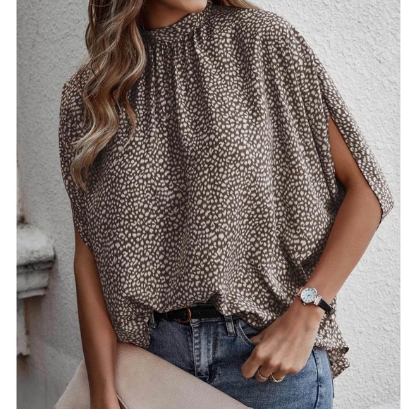 Rouge! Tops - Spotted Print Brown Beige Blouse Top Flowy, High Neck
